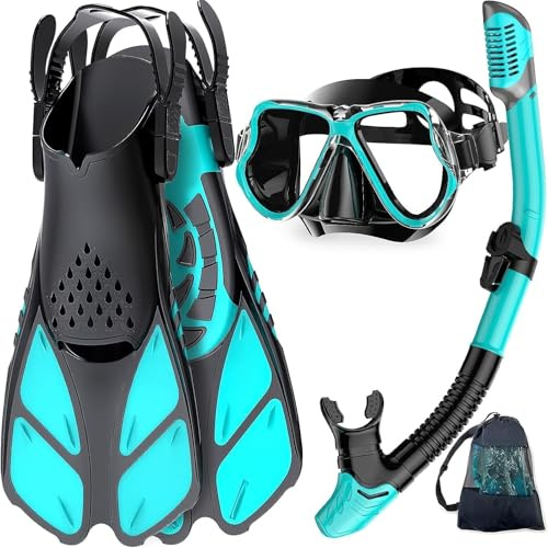 Zenoplige Schnorchelset Erwachsene 3-in-1,Anti-Fog & Leck Tauchmaske mit gehärtetem Glas, Dry Top Schnorchel & verstellbare Flossen – Schnorchelausrüstung für Schwimmen & Reisen