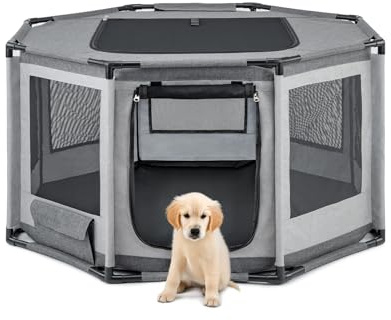 lionto Welpenauslauf aus Oxford-Gewebe, atmungsaktives Netz mit Reißverschluss & Seitentasche, Freilaufgehege für Hunde & Katzen mit Rahmen aus PVC-Rohren, achteckiger Hundekäfig, 112x112x62 cm, grau