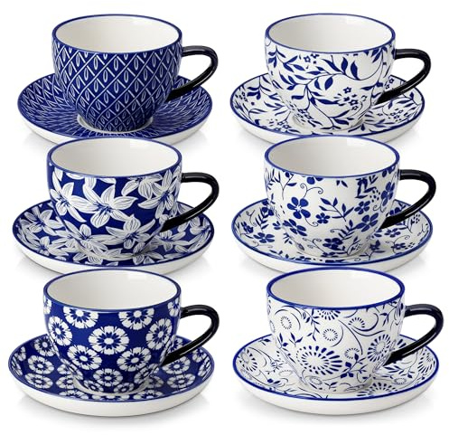 vancasso Cappuccino Tassen mit Untertassen 6er Set, SELENE 240ml Kaffeetassen aus Hochwertiges Porzellan, Spülmaschinen- und Mikrowellengeeignet, Vintage blau-weiß