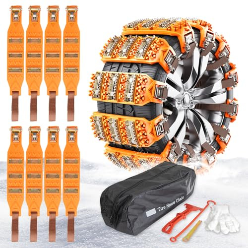 GOHHME Schneeketten, 8 Stück Universal Auto Reifen Ketten, neues, einsetzbares, rutschfestes, rutschfeste Notfall-Schneereifenketten aus Edelstahl, verstellbare für LKW, SUV, Auto165-275 mm(Gelb)