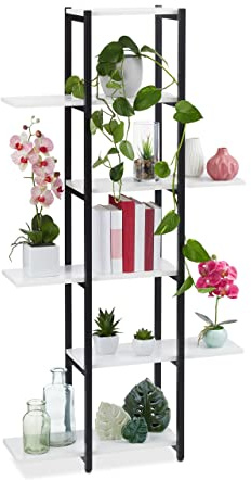 Relaxdays Pflanzenregal, Blumentreppe mit 6 Ablagen, schwarz/weiß | HBT: 150 x 78 x 24 cm, Stahl & MDF, Blumenregal innen