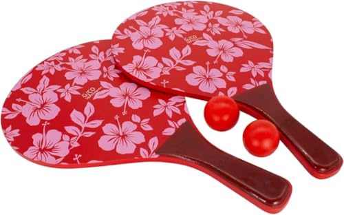 GICO Beach Ball Spiel Holz Set Retro in rot mit Blumenmuster, 2 Holzschläger, 2 Bälle- Freizeitspaß für Strand und Garten - 3269