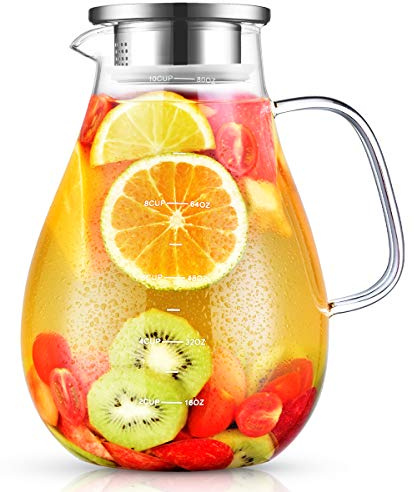 Glaskaraffe, veecom 2.4L Karaffe, Wasserkaraffe mit Deckel, Glaskaraffe mit Deckel, Borosilikatglas Wasserkrug mit Kühlung, Karaffe Glas, Glaskrug Glaskanne Hitzebeständig für Wasser, Eistee, Saft