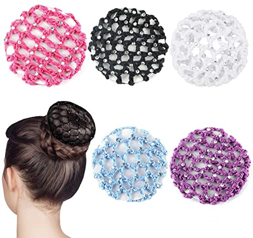 Net for Hair, Haarnetze Frisuren, 5 Stück Dutt Netz Haarnetz, Ballet Bun Net, Kristall Haarnetz, Dutt Glitzer, Duttnetze (Mit Strass)
