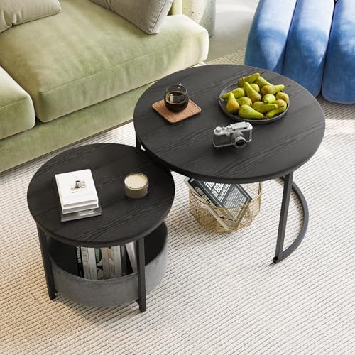 FOUBAM Couchtisch Rund, 2er Set Sofa Couchtisch Industrial Style, verschachtelte Beistelltische aus Metall und Holz, Vintage Sofa Tisches, Metall Satztisch Aufbewahrungstasche aus Stoff Schwarz