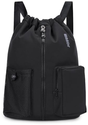WANDF Turnbeutel mit Schuhfach, Sportbeutel Wasserabweisend,Gym Bag mit Kordelzug für Damen Herren Kinder,Große Kapazität Rucksack für Sport,Schwimmen,Reisen,Schule (Schwarz)