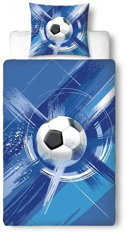 MTOnlinehandel Fußball Bettwäsche 135x200, Kinderbettwäsche 80x80 + 135x200, blau Jungenbettwäsche - Öko-Tex Teenager Bettwäsche aus Microfaser, Geschenkidee für Kinder, angenehm & weich