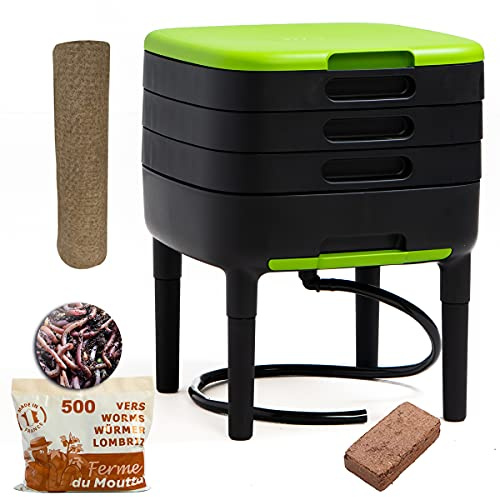 WormBox TinyWorm Design & Compact I 3-Etagen-Wurmkomposter. I 250gr Kompostwürmer / 500 STK. I Komplett-Set I Schublade I Kunststofffüße