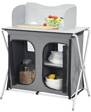 [en.casa] Campingküche Tullinge Outdoor Küche Campingschrank faltbar Faltschrank mit Arbeitsplatte Reiseküche inkl. Tragetasche Aluminiumgestell Dunkelgrau