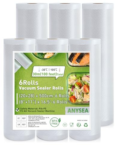 Anysea Vakuumierbeutel Vakuumierfolie Vakuumbeutel Lebensmittel：6 Rollen Vakuumbeutel BPA-frei, 20/28×500cm, Profi Einschweißfolie für Vakuumiergeräte und Sous Vide