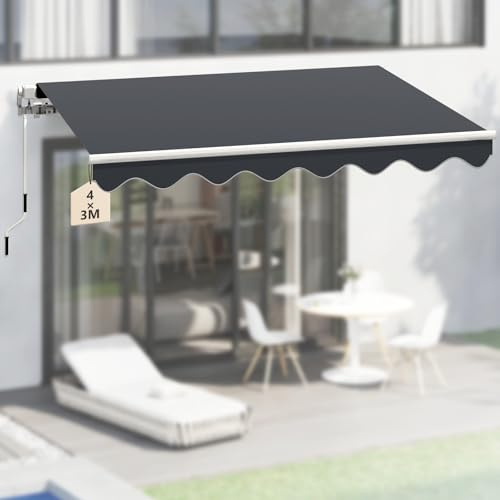 arvioo Markise 4x3m Gelenkarmmarkise Aluminium, Sonnenschutz für Terrasse Balkon Fenster Eingang, Neigbar, Balkon Markise Gelenkmarkise mit Volant & Handkurbel & Wandhalterung (Anthrazit)
