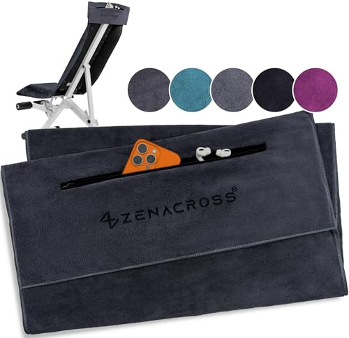 ZENACROSS - Fitness Handtuch Mikrofaser 120x50 - Schnelltrocknend, Reißverschlusstasche - Weiches Sporthandtuch fürs Fitnessstudio & Gym - Dunkelgrau