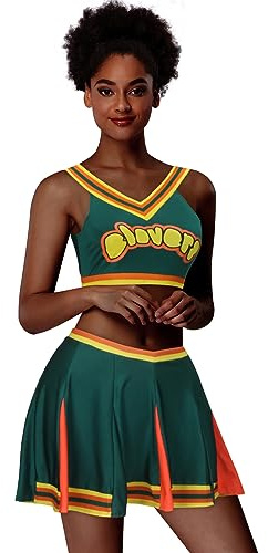 ZIFUNMUR Cheerleader-Kostüm für Damen, für Erwachsene, Mädchen, 2-teilig, Cheerleading-Kostüm, bauchfreies Oberteil, Rock, Halloween, Cosplay, Uniform, Grün, L