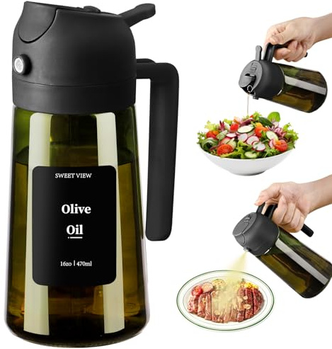 SWEET VIEW Olivenölspender und Ölsprüher – 470 ml Glas, lichtdichter Ölausgießer für Küche, Luftfritteuse, Kochen, Salat und BBQ