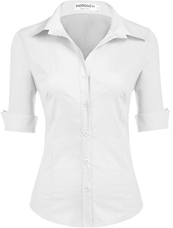 Hotouch Damen Weiß Hemd Kurzarm Slim Fit Blusen V-Ausschnitt Basic Shirt Button Down Casual Oberteile Tunika Tops Business Bluse Weiß S