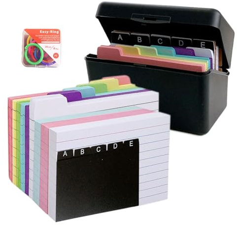 FYting Karteikartenbox,Karteikasten A7,Karteikarten Box,150 Karteikarten + 150 Farbiges Futter mit 8 Buchringe,Lernkarten Box für Unterwegs, Lernnotizen, Rezepte Oder Lernkarten (Schwarz)