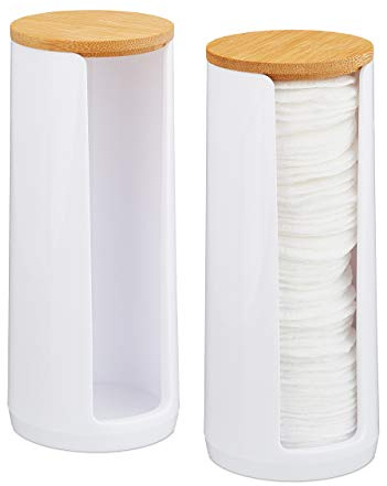 Relaxdays Wattepads Aufbewahrung 2er Set, Acryl, Bambus, Bad, Wattepadspender mit Deckel, HxD: 17,5x7,5cm, weiß/Natur, 10026559_872