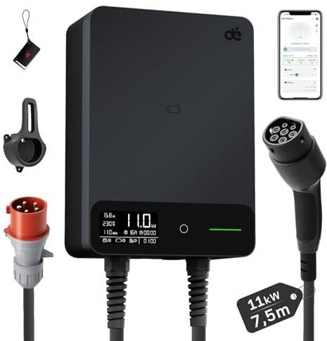 dé Wallbox 11kW mit APP, 7,5m Typ 2 Ladekabel mit Kabelhalter, 3-Phasen EV-Ladegerät (6-16A, 400V), für BEV/PHEV, RCD Type A 30mA AC + 6mA DC & IP54-Schutz, effiziente Ladestation für Zuhause, Schwarz