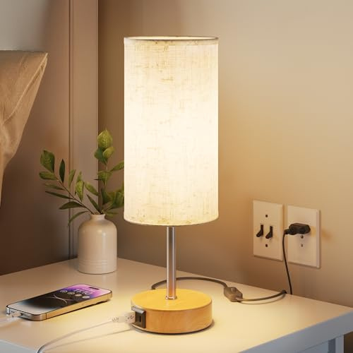 UPXNBOR Nachttischlampe Touch, Tischlampe Dimmbar mit Ladefunktion | Schreibtischlampe mit USB-A+C Ladefunktion, 3-stufigem Warmlicht, Leinen-Lampenschirm, 1,5 m Kabel, E27-Lampe inkl.,Holzoptik