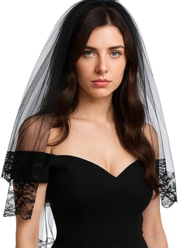 ADLABLD Schwarz Brautschleier,Schleier Schwarz Bridal Tüll mit Kamm,Spitzen-Hochzeitsschleier mit Lace Gloves，Halloween Schleier für Hochzeit Abend Prom Party Kostüm