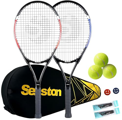 Senston Tennisschläger Set für Erwachsene - 68,6 cm, 2 Spieler mit 3 Bällen, 2 Griffen, 2 Vibrationsdämpfern