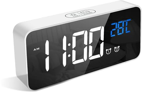 LATEC Digitaler Wecker mit Große LED Temperaturanzeige, Tischuhr mit 10 Musik, USB Ladeanschluss, 4 Helligkeit und Lautstärke Regelbar, Snooze, tragbarer Spiegelalarm mit 2 Alarmen, 12/24H, Weiß