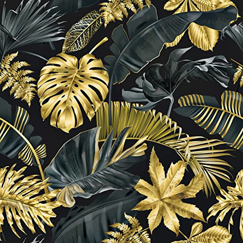 Dschungel Tapete Gold Schwarz Klebefolie Möbel Tapeten Wohnzimmer Möbelfolie Selbstklebend wandtapete Schlafzimmer Wasserdichte Mustertapete Tür Folie für Schrank Arbeitsplatte Küche 60 X 300CM