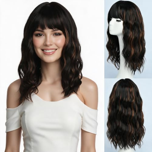 SIMKAYLEE Lockig Lange Perücke Braun Highlights Damen mit Pony Perücke Wellig Dunkelbraun Mittellang Locken Frauen Halblang Braune Haare Perrücken mit Strähnen für Den Täglichen Gebrauch Party (40cm)