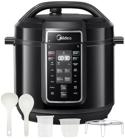 Midea Elektrischer Schnellkochtopf 9-in-1, 8L Multikocher 12 Voreinstellungen Instant, Joghurtbereiter, Reiskocher, Slow Cooker, Sous Vide, Dampfgarer, Nudelkocher, Edelstahl Innentopf, Schwarz