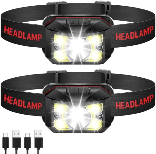 2-Stück Stirnlampe Led Wiederaufladbar, Kopflampe mit Rotlicht Wasserdicht | 8 Modi & Sensor Superhell Aufladbar Stirnlampen Kinder Joggen, Kleine Geschenke für Männer Weihnachtsgeschenke Kleinigkeiten