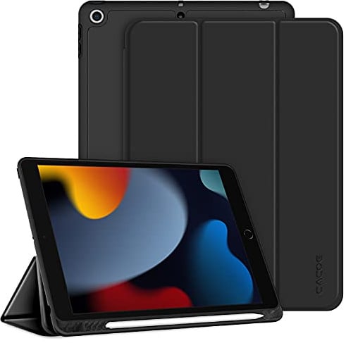 CACOE Hülle für iPad 9./8./7. Generation mit Stifthalter 10.2 Zoll | für iPad 10.2 Modell 2021/2020/2019, Ultradünne Schutzhülle aus TPU mit Standfunktion,Schwarz