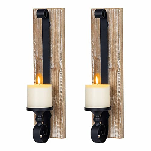 Wandleuchte Kerzenhalter (Set von 2) Wandteelichthalter Schwarze Wandhalterung Metall und Holz Wandkerzenhalter Hängen Eisen kerzenständer wandhalter für Wohnzimmer, Badezimmer, Esszimmer