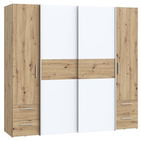 Forte Möbel Kapaza klassischer Kleiderschrank 200, Dreh-,Schwebetürenschrank mit 4 Schubladen, Holzwerkstoff, Artisan Eiche, Weiß, 200,1 cm breit, 190,5 cm hoch, 61,2 cm tief