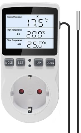 KETOTEK KT3100BL Digitale Thermostatsteckdose VA LCD-Display Temperaturregler Steckdose 16A 100-250Vac Blaue Hintergrundbeleuchtung mit 3m Temperatursensor für Inkubator, Gewächshaus, Aquarium