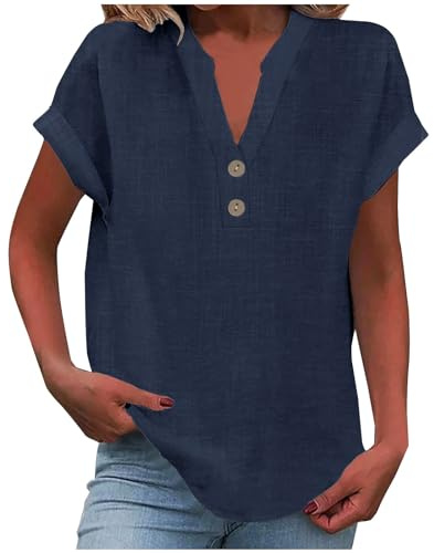KOG Damen T-Shirts Basic Leinenhemd Tshirts Fashion Kurzarm Longshirt Frauen Tee T-Shirt Elegante Leinen Tee Shirt Teenager Rundhals Lose Shirts Marine XL