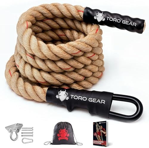 TORO GEAR | 38 Millimeter Juteseil zum Klettern, 3-6 Meter | Kletterseil mit Karabinerhaken und Aufhänger für Crossfit, Fitness, Fitnessstudios und Feuerwehrtraining (38 mm X 4 m)