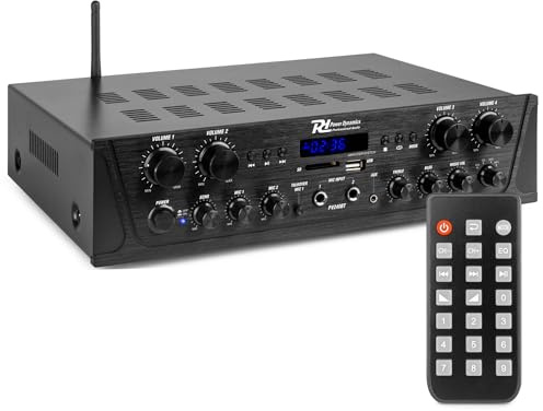 Power Dynamics PV240BT - 4 Kanal Stereo Verstärker Bluetooth, 400 Watt Amplifier Hifi Receiver, Fernbedienung, FM Radio, USB, SD, MP3, 2x Mikrofon Anschlüsse mit Echo, Talkover Funktion - Schwarz