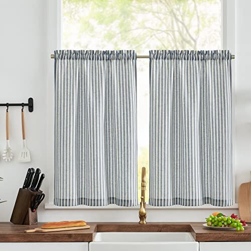 Vangao Scheibengardinen Küche Streifen Bistrogardine 2er Set 65Bx90Hcm Blau | Scheibengardinen Modern Leinenoptik Lichtdurchlässig mit Stangendurchzug Landhausstil Gestreifte Kurzstores Fenster Wohnwagen