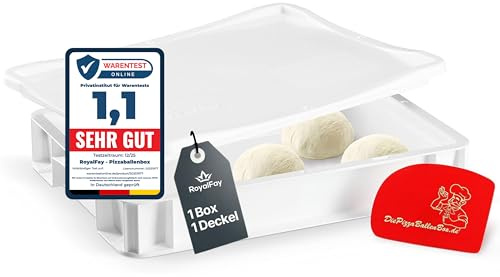 RoyalFay® Pizzaballenbox – Made in Germany – Gärbox 30x40x8 cm mit Deckel – lebensmittelechte & BPA-freie Teigbox für Pizzateigballen – stapelbar & robust – (weiß)