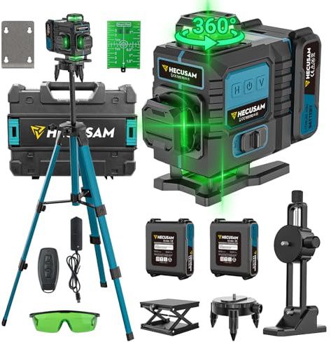 Kreuzlinienlaser mit Stativ, Hecusam LüCkenloser Linienlaser mit 360°-Rotationsfenster, 4 x 360° Laser Level IP54 Wasserwaage, 2 * 4800mAh Akku für Verlegung Bodenfliesen Kreuzlinienlaser Grün kit