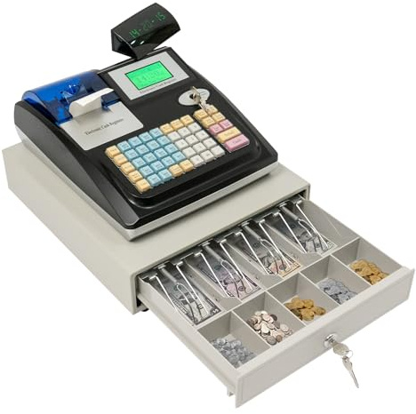 MEHOOSPVN Registrierkasse, Kasse für den Handel, LED Kundenanzeige Elektronische Registrierkasse 48 Tasten Multifunktionale Kassenlade Große Kapazität Kassensystem Einzelhandel mit Kassenschublade