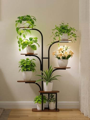 GoTiling Pflanzenregal mit LED Grow Light – 120cm Hoch 7 Etagen Blumenregal Metall & Holz, Schmales Eckregal für Zimmerpflanzen, Blumenständer Indoor für Wohnzimmer, Balkon, Schlafzimmer oder Büro