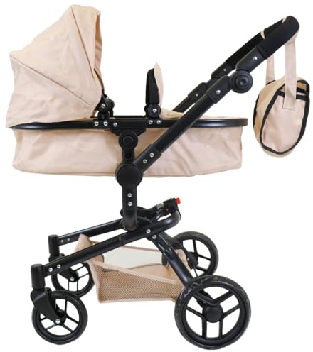 Bandits & Angels Puppenwagen Beige Modern Angel 2in1 Sand ab 3 Jahren – Puppenbuggy – Für Mädchen – Verstellbarer Schieber 48-81 cm – Komplett zusammenklappbar – Mit Einkaufskorb