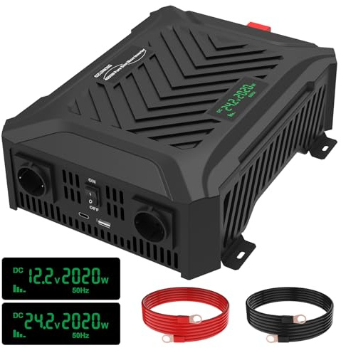 GZUNKNG Dual Voltage Wechselrichter 12V/24V auf 230V Reiner Sinus Universal Dualer Spannungswandler 2000W/2000W, Automatische intelligente Erkennung von 12V/24V, Spitzenleistung 4000W/4000W.