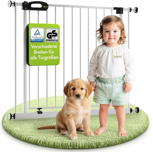 BOMI TÜV GS Siegel Kindertreppen Gitter XXL Merle | Ohne Bohren | 90° Stop | Schließt automatisch | Absperrgitter weiß für Treppen, Türrahmen | Treppenschutzgitter mit Tür | Breite: 103-111 cm