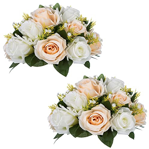 NUPTIO Künstliche Seide Rosen Blumenstrauß: 15 Rosenköpfe, mit Sockel | 2 Stück, Champagner Weiß, für Blumenständer, Hochzeit, Valentinstag, Party, Valentinstag Dekoration