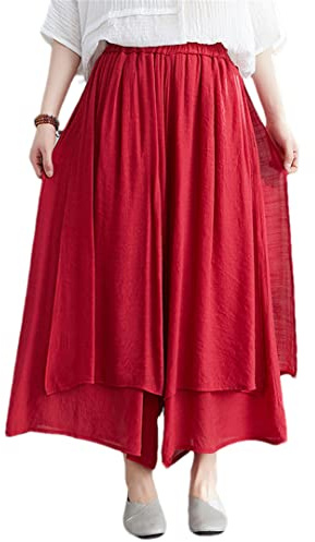 ERFMFKL Damen-Hose aus Baumwolle und Leinen, weites Bein, einfarbig, elastischer Bund, bauchfreies Hakama, rot, One size