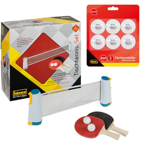 Idena Tischtennis Set mit Netz, 2 Kellen und 8 Bällen | inkl. 6 zusätzlichen weißen Tischtennisbällen, 3-Stern Qualität, Ø 40 mm, zur einfachen Montage an Tischplatten, 90958