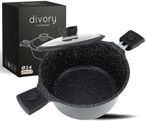 DIVORY Großer Kochtopf 24cm – 4L Topf groß mit Deckel, Gemüsetopf Induktion,Suppentopf mit abnehmbaren Griffen, Fleischtopf hoch Schwarz