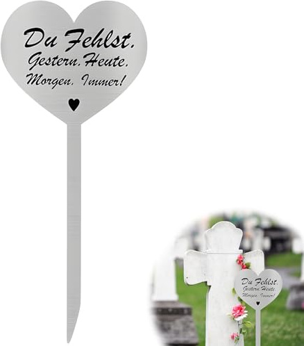 ZAYIO Grabschmuck Wetterfest Herz Grabstecker Edelstahl mit Spruch Du Fehlst. Gestern. Heute. Morgen. Immer!, Frostbeständige Grabdeko zum Andenken für Friedhof Deko und Ewige Erinnerung